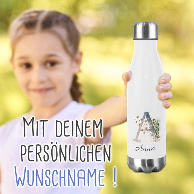 Tassendruck Buchstaben-Trinkflasche aus Edelstahl - mit Blumenmotiv Große Rabatte