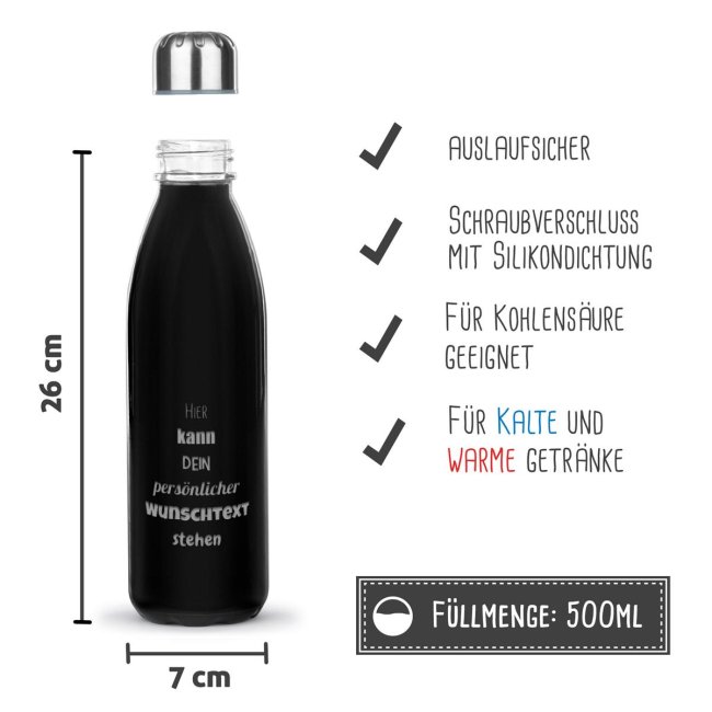 Tassendruck Schwarze Trinkflasche aus Glas mit Text gravieren - 650 ml Bestseller