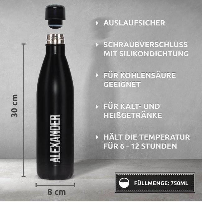 Tassendruck Edelstahl-Trinkflasche mit Namensgravur - schwarz matt - 750 ml Saisonale Angebote