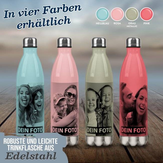 Tassendruck Farbige Edelstahl-Trinkflasche mit Foto und Text personalisieren - 4 Farben - 500 ml Räumungsverkauf