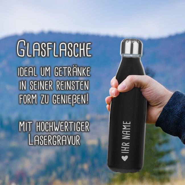 Tassendruck Glas-Trinkflasche schwarz mit Name & Symbol gravieren - 650 ml Kauf eins, bekomm eins gratis