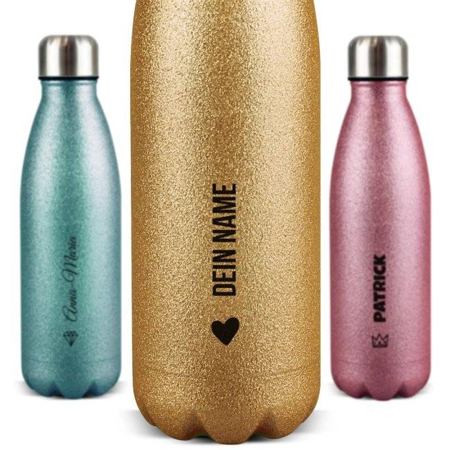 Tassendruck Trinkflasche aus Edelstahl mit Glitzer - mit Name und Symbol