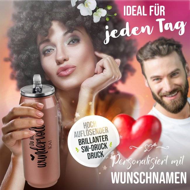 Tassendruck Trinkflasche aus Edelstahl - Du bist wundervoll - mit Name - verschiedene Farben, 420 ml VIP-Rabatte