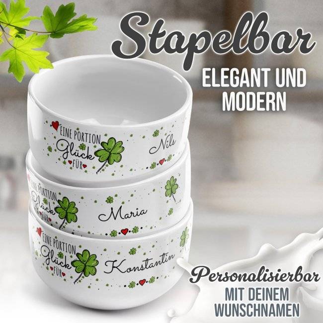 Tassendruck Müslischüssel - Eine Portion Glück - mit Name - 500 ml Kostenlose Rückgabe