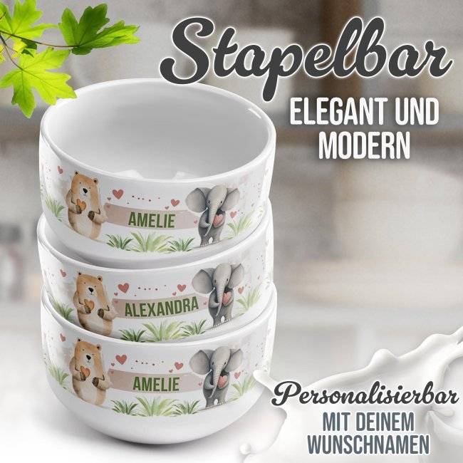 Tassendruck Kinder-Müslischüssel - Süße Tierchen - mit Name - 500 ml Nur noch ein Tag übrig