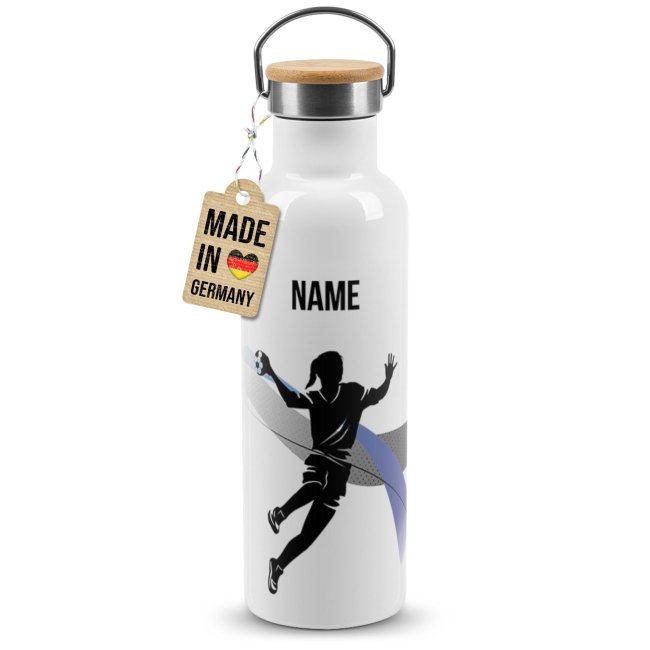 Tassendruck Trinkflasche mit Bambusdeckel - Handball Silhouette Frau - mit Name - Weiß