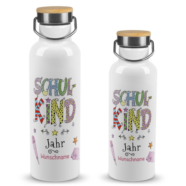 Tassendruck Trinkflasche mit Bambusdeckel zur Einschulung - Schulkind, rosa - mit Name & Jahr selbst gestalten Auslauf