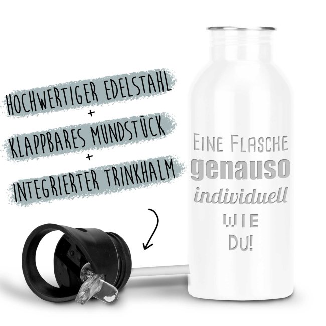 Tassendruck Edelstahl-Trinkflasche mit Gravur - weiß im Angebot