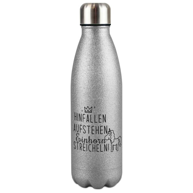 Tassendruck Glitzer-Trinkflasche mit Spruch - Hinfallen aufstehen Einhorn streicheln