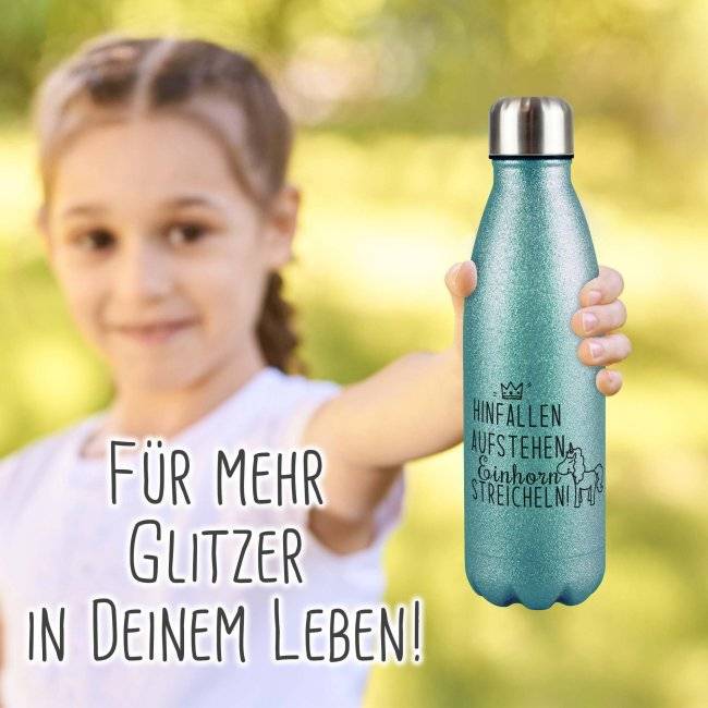 Tassendruck Glitzer-Trinkflasche mit Spruch - Hinfallen aufstehen Einhorn streicheln Schlussverkauf