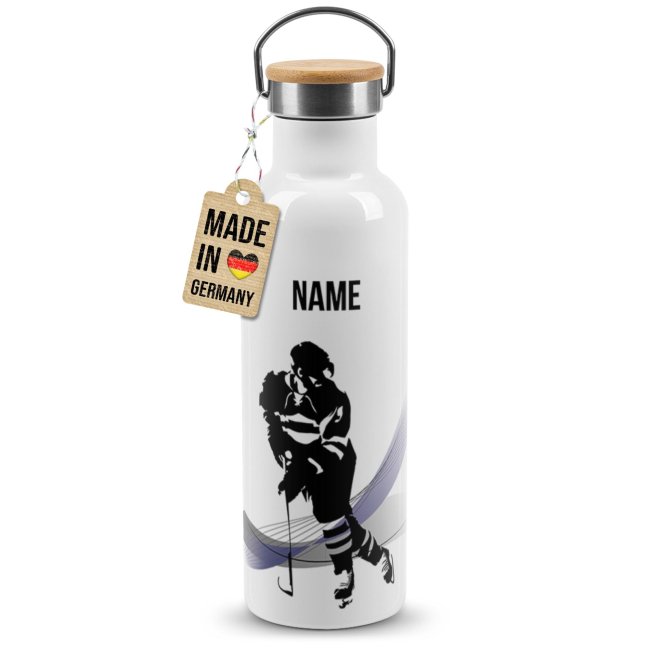 Tassendruck Trinkflasche mit Bambusdeckel - Eishockey Silhouette - mit Name - Weiß