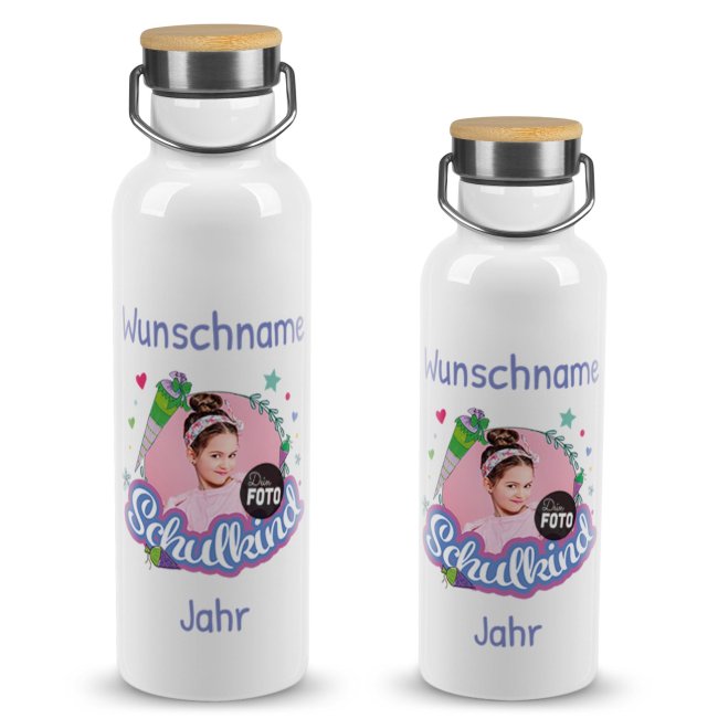 Tassendruck Trinkflasche mit Bambusdeckel zur Einschulung - mit Foto, Name & Jahr - Schulkind rosa