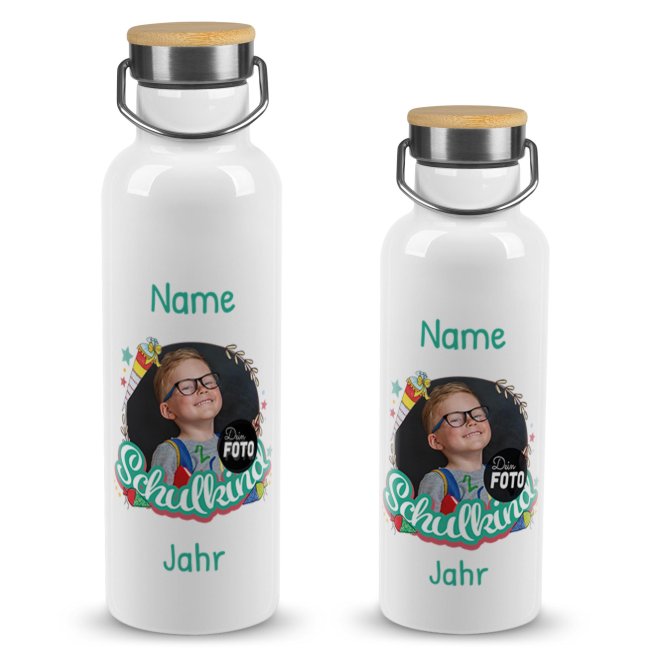 Tassendruck Trinkflasche mit Bambusdeckel zur Einschulung - mit Foto, Name & Jahr - Schulkind türkis