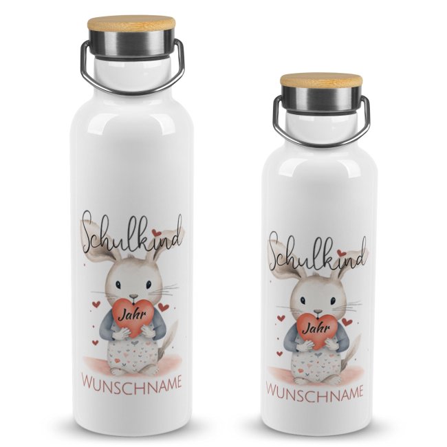 Tassendruck Trinkflasche mit Bambusdeckel zur Einschulung - mit Name & Jahr - Schulkind, Hase
