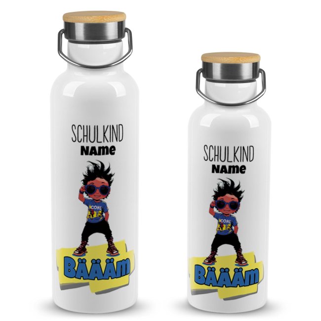 Tassendruck Trinkflasche mit Bambusdeckel zur Einschulung für Jungen - Bäääm Boy - mit Name gestalten
