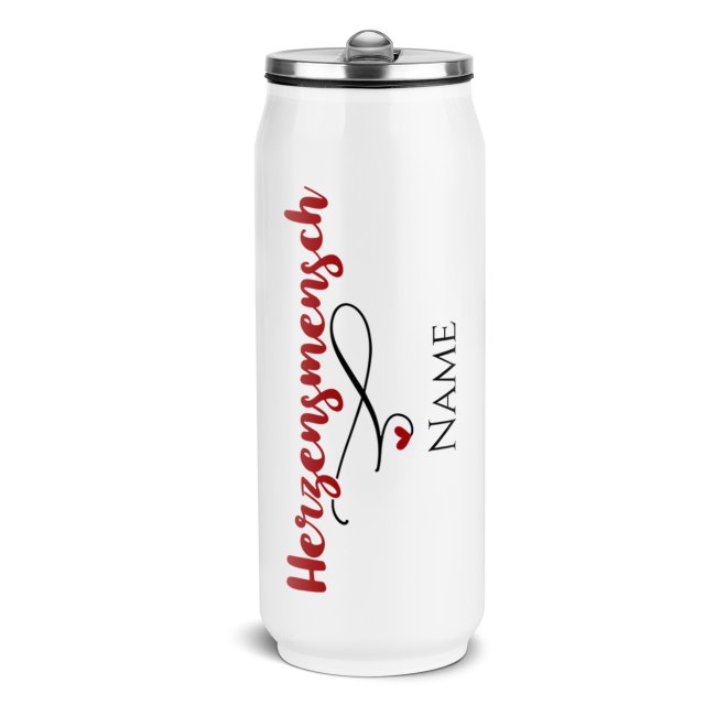 Tassendruck Edelstahl-Trinkflasche mit Name - Herzensmensch - Cola-Dose, Weiß 420 ml