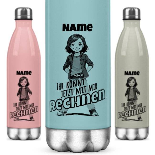 Tassendruck Farbige Edelstahl-Trinkflasche - Rechnen Mädchen - mit Name - 4 Farben