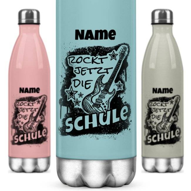 Tassendruck Farbige Edelstahl-Trinkflasche - Rockt die Schule - mit Name - 4 Farben