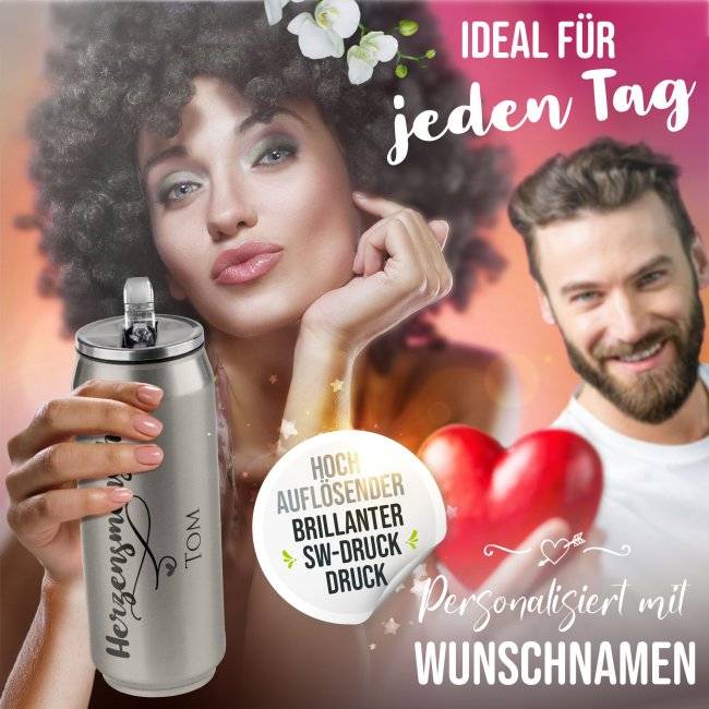 Tassendruck Trinkflasche aus Edelstahl - Herzensmensch - mit Name - verschiedene Farben, 420 ml Valentinstagsangebot