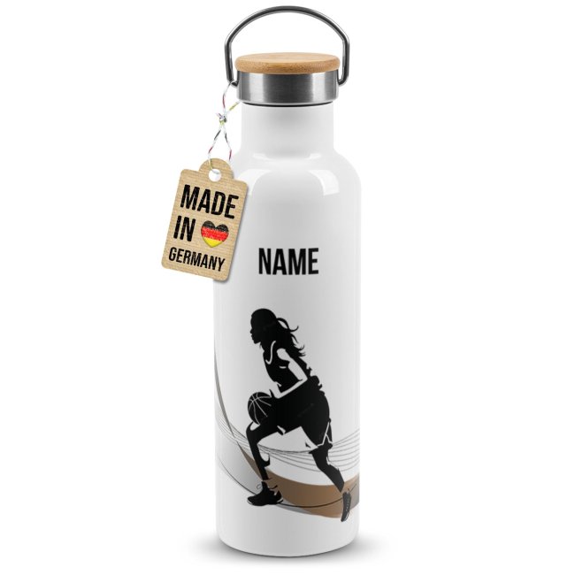 Tassendruck Trinkflasche mit Bambusdeckel - Basketball Silhouette Frau - mit Name - Weiß