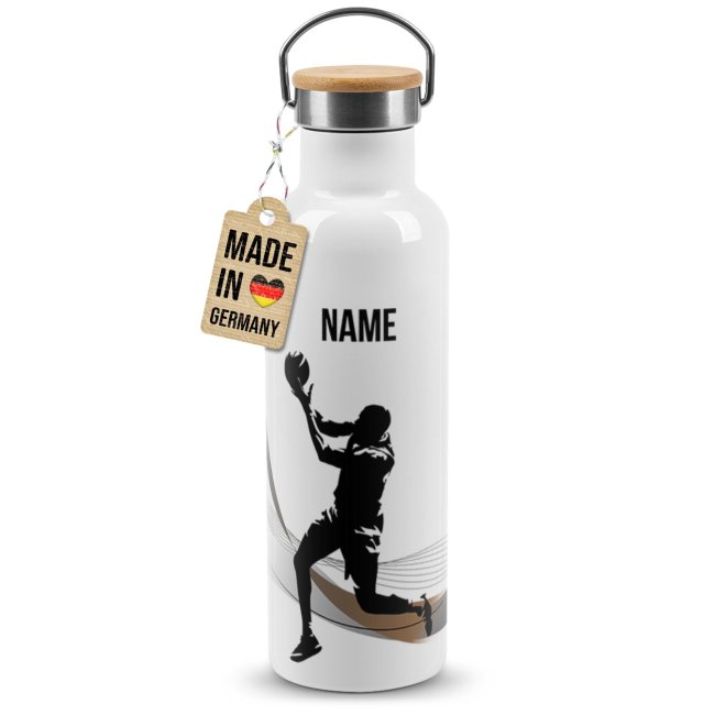 Tassendruck Trinkflasche mit Bambusdeckel - Basketball Silhouette Mann - mit Name - Weiß