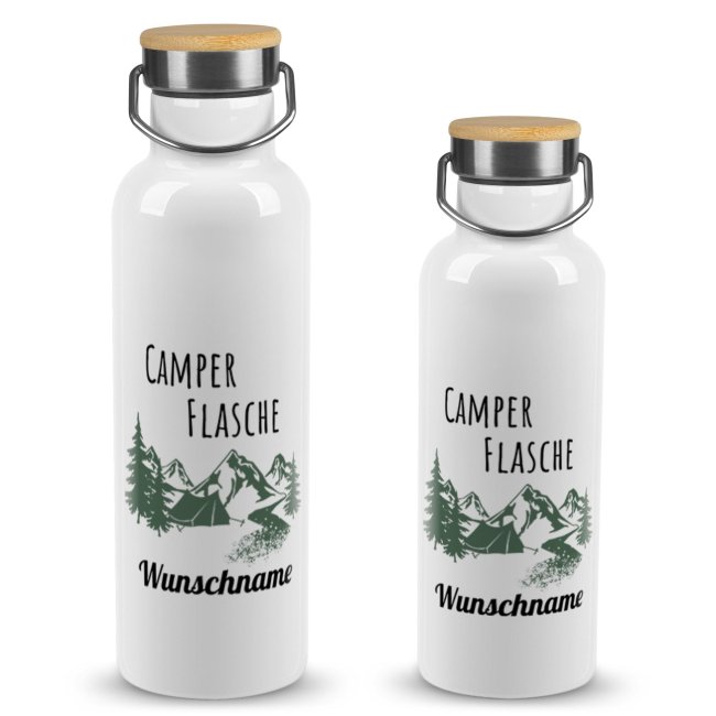 Tassendruck Trinkflasche mit Bambusdeckel - Camper Flasche - mit Name - Weiß