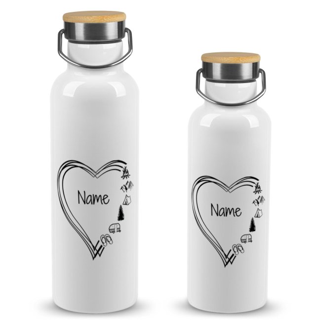 Tassendruck Trinkflasche mit Bambusdeckel - Camping Herz - mit Name - Weiß