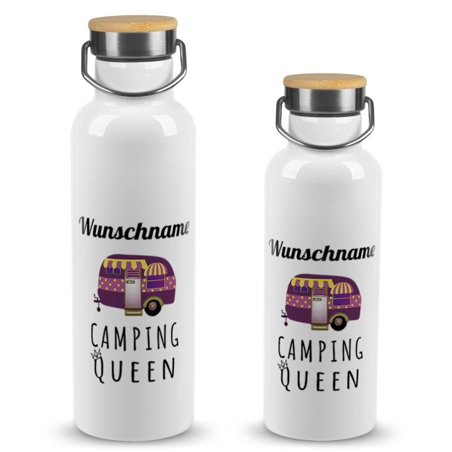 Tassendruck Trinkflasche mit Bambusdeckel - Camping Queen - mit Name - Weiß