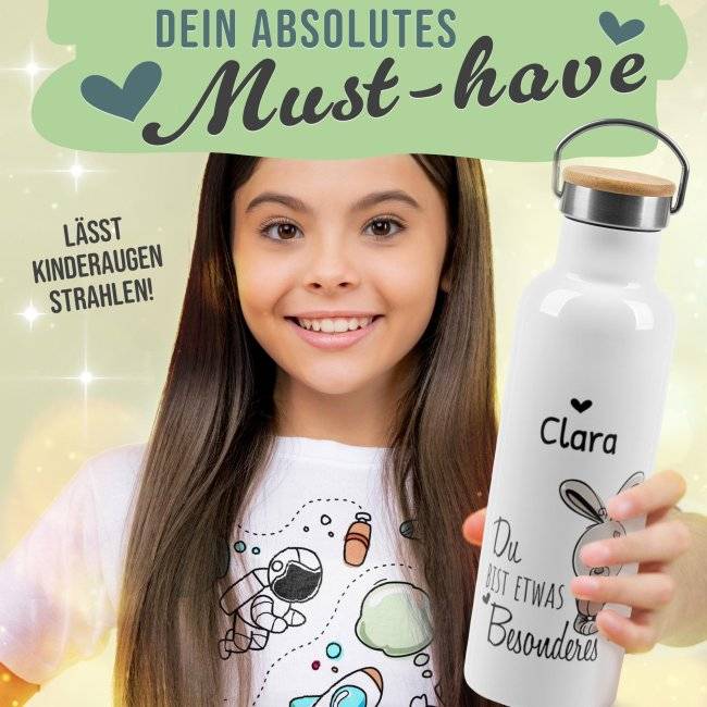 Tassendruck Trinkflasche mit Bambusdeckel - Du bist etwas Besonderes - mit Name - Weiß VIP-Rabatte