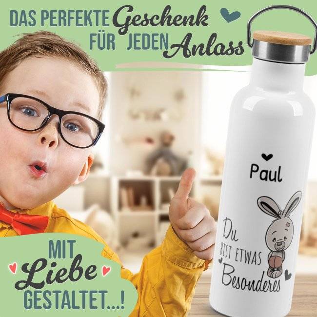 Tassendruck Trinkflasche mit Bambusdeckel - Du bist etwas Besonderes - mit Name - Weiß VIP-Rabatte