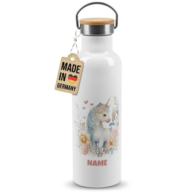 Tassendruck Trinkflasche mit Bambusdeckel - Einhorn - mit Name - Weiß Tiefpreis