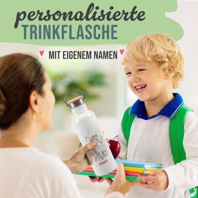 Tassendruck Trinkflasche mit Bambusdeckel - Einhorn - mit Name - Weiß Tiefpreis