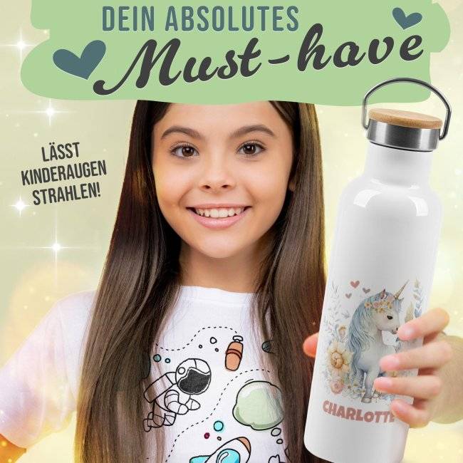 Tassendruck Trinkflasche mit Bambusdeckel - Einhorn - mit Name - Weiß Tiefpreis