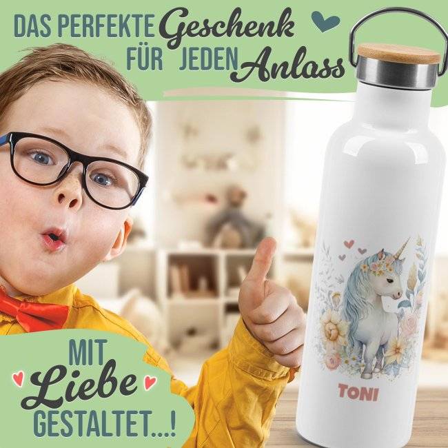 Tassendruck Trinkflasche mit Bambusdeckel - Einhorn - mit Name - Weiß Tiefpreis