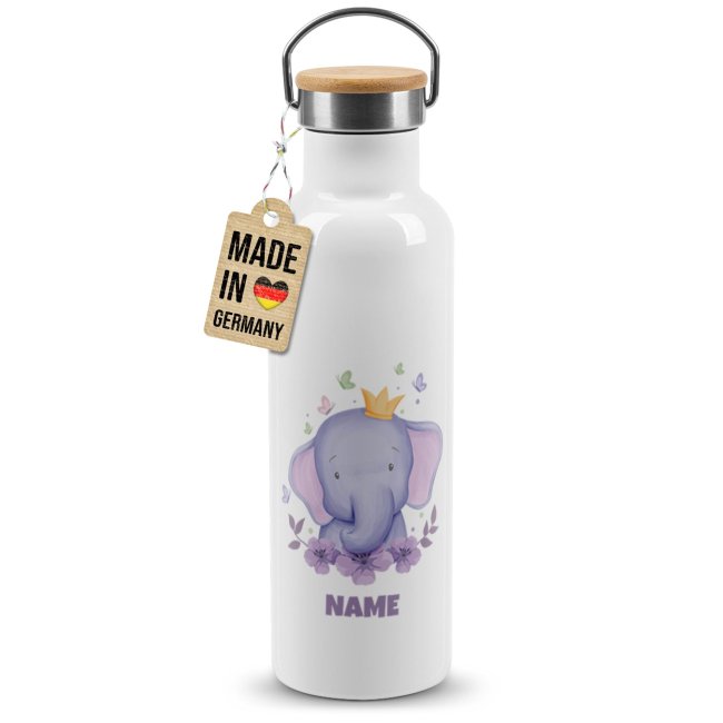 Tassendruck Trinkflasche mit Bambusdeckel - Elefant - mit Name - Weiß Super Sparpreis