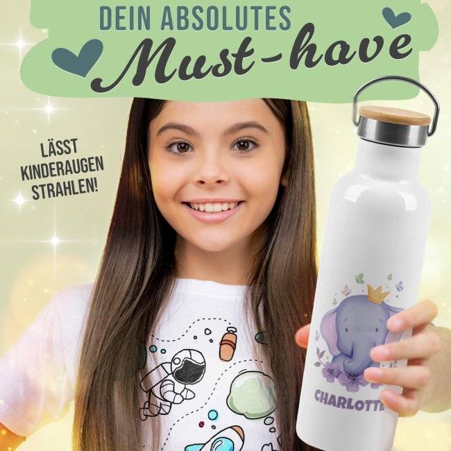 Tassendruck Trinkflasche mit Bambusdeckel - Elefant - mit Name - Weiß Super Sparpreis