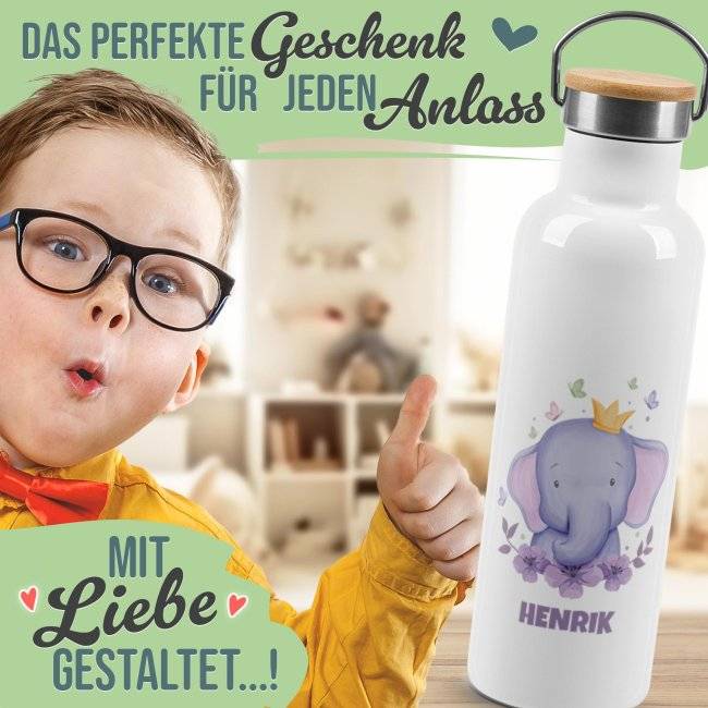 Tassendruck Trinkflasche mit Bambusdeckel - Elefant - mit Name - Weiß Super Sparpreis
