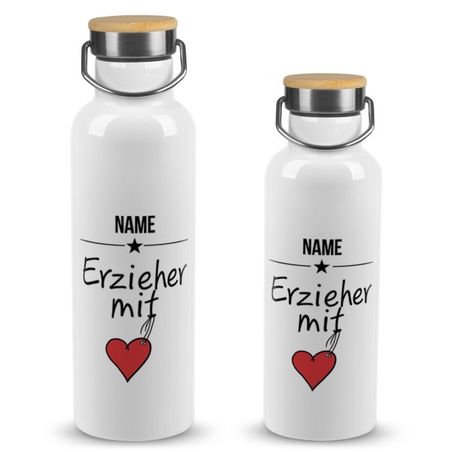 Tassendruck Trinkflasche mit Bambusdeckel - Erzieher mit Herz - mit Name