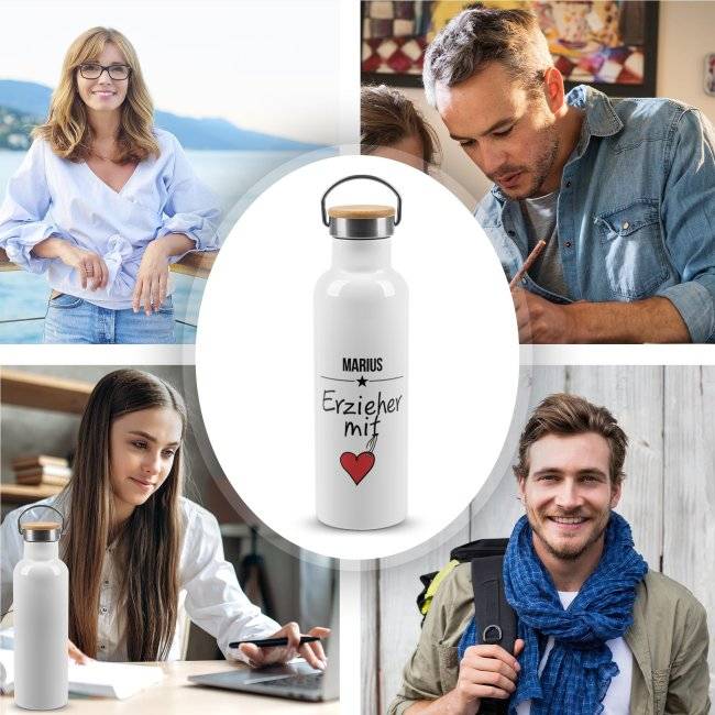 Tassendruck Trinkflasche mit Bambusdeckel - Erzieher mit Herz - mit Name Wochenangebot