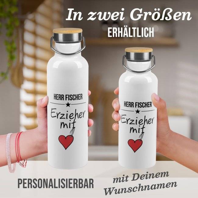 Tassendruck Trinkflasche mit Bambusdeckel - Erzieher mit Herz - mit Name Wochenangebot