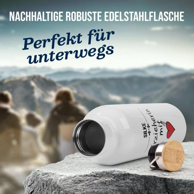 Tassendruck Trinkflasche mit Bambusdeckel - Erzieherin mit Herz - mit Name Kostenlose Rückgabe
