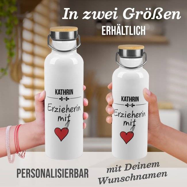 Tassendruck Trinkflasche mit Bambusdeckel - Erzieherin mit Herz - mit Name Kostenlose Rückgabe
