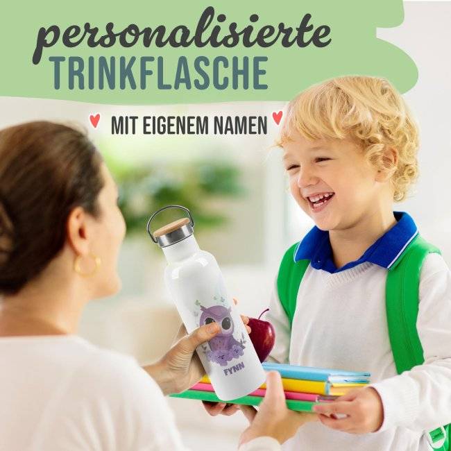 Tassendruck Trinkflasche mit Bambusdeckel - Eule - mit Name - Weiß Begrenzte Freigabe