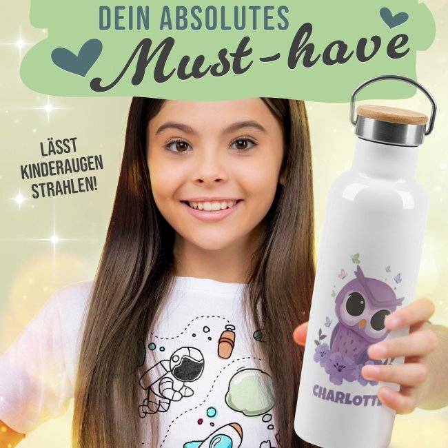 Tassendruck Trinkflasche mit Bambusdeckel - Eule - mit Name - Weiß Begrenzte Freigabe