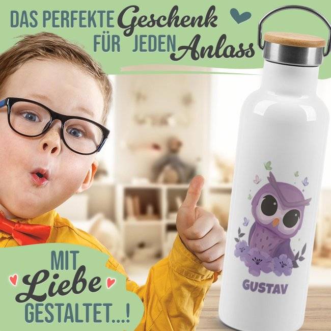 Tassendruck Trinkflasche mit Bambusdeckel - Eule - mit Name - Weiß Begrenzte Freigabe