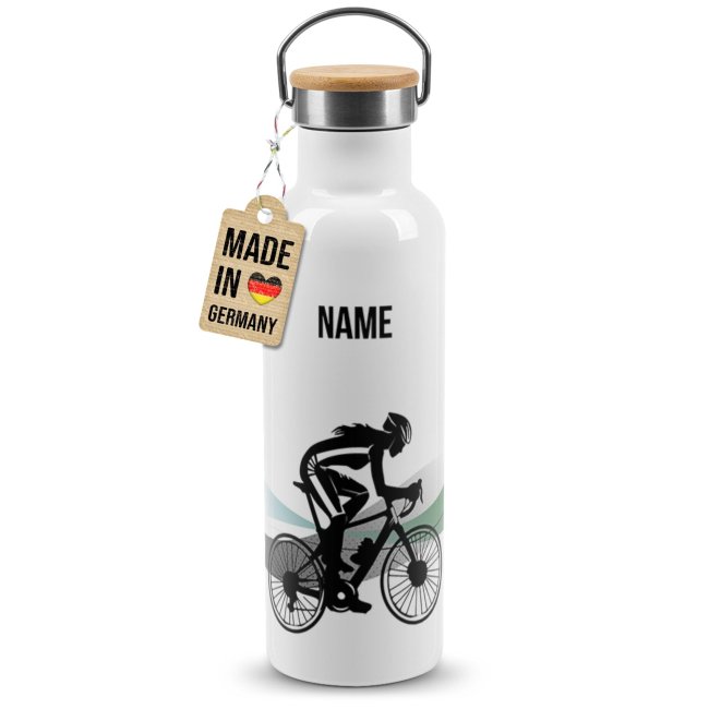 Tassendruck Trinkflasche mit Bambusdeckel - Fahrrad Silhouette Frau - mit Name - Weiß