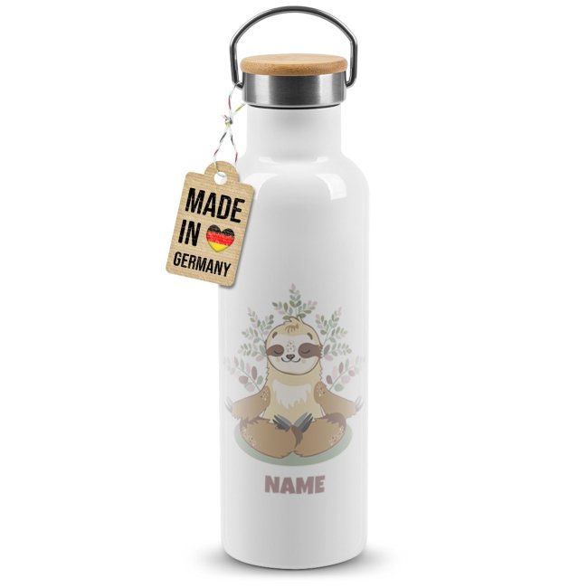 Tassendruck Trinkflasche mit Bambusdeckel - Faultier - mit Name - Weiß