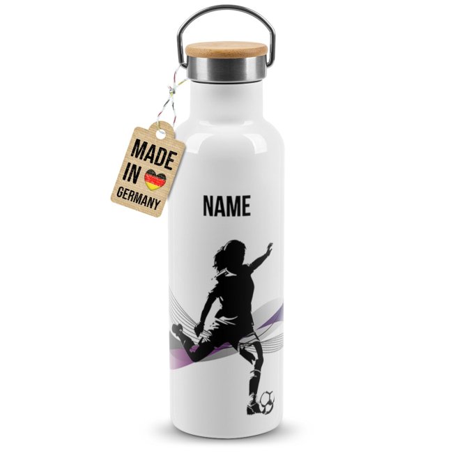 Tassendruck Trinkflasche mit Bambusdeckel - Fussball Silhouette Frau - mit Name - Weiß Letzte 2 Tage