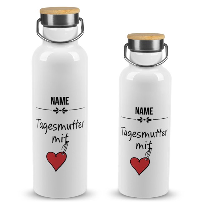 Tassendruck Trinkflasche mit Bambusdeckel - Tagesmutter mit Herz - mit Name