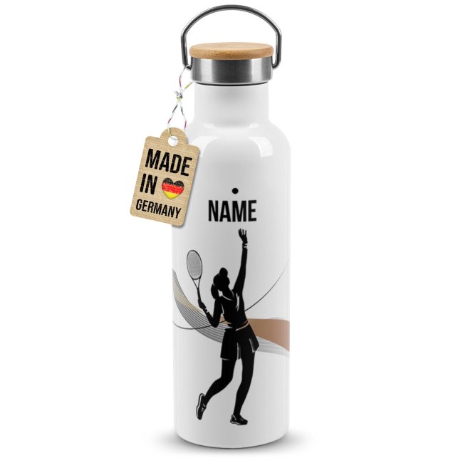 Tassendruck Trinkflasche mit Bambusdeckel - Tennis Silhouette Frau - mit Name - Weiß